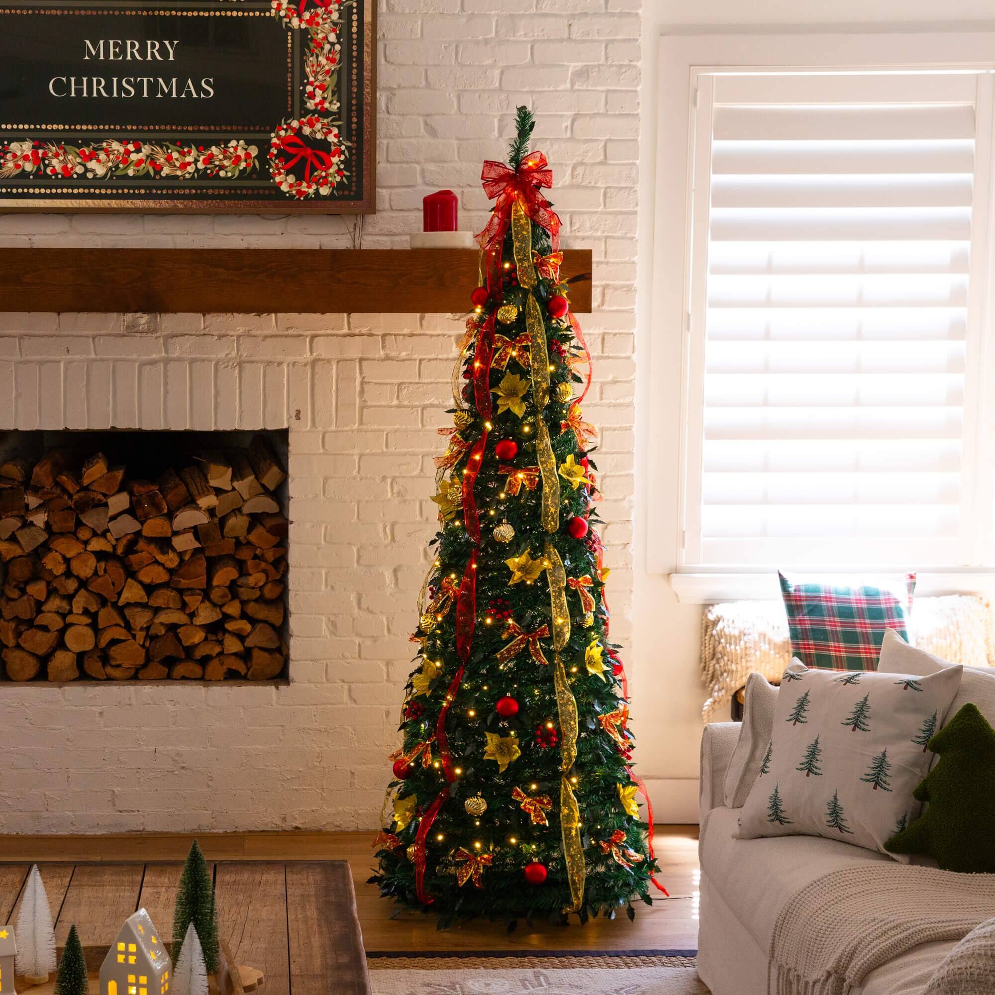 7ft. Pre-Lit Pop-Up Green Artificial Christmas Tree, Warm White LED Lights